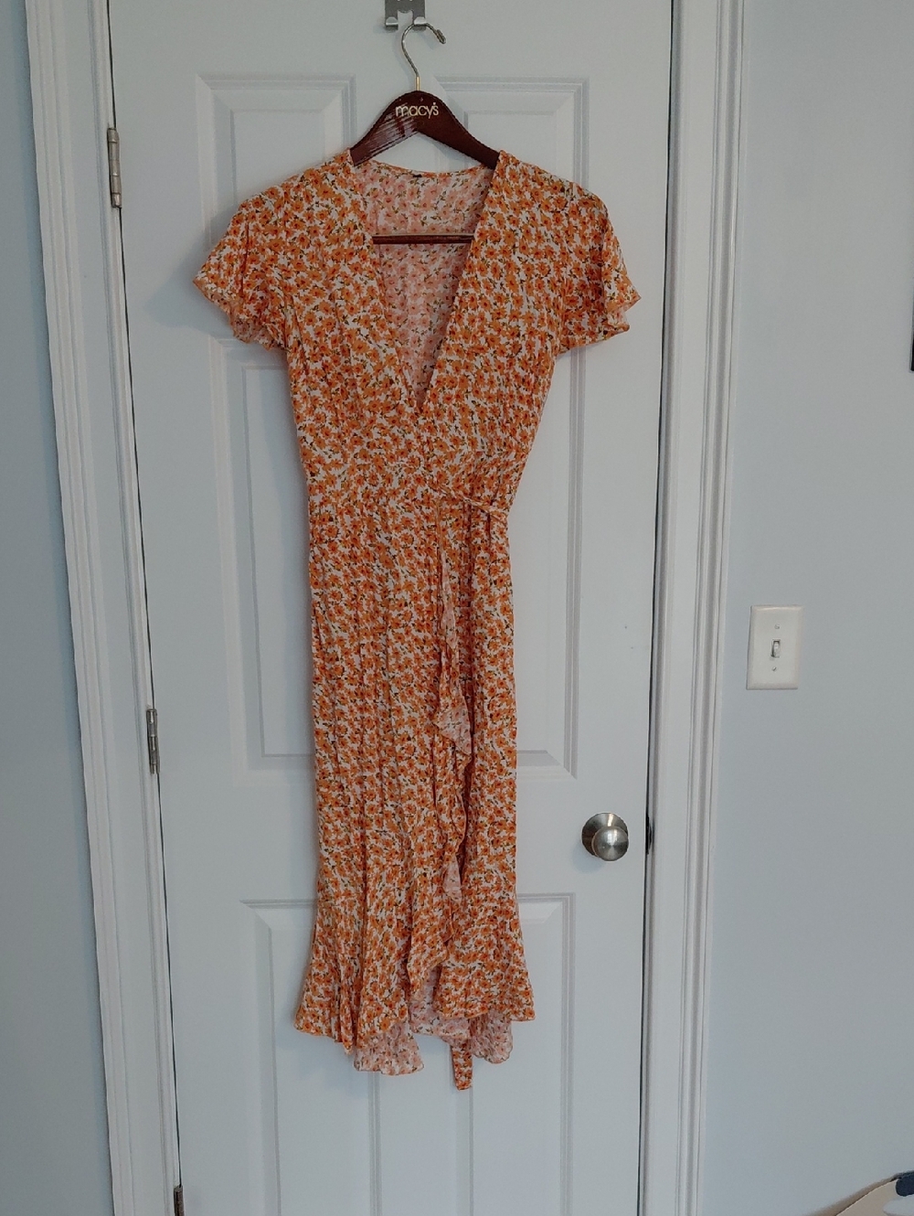 Orange Floral Wrap Dress with Ruffle Hem, Size M